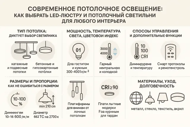 Современное потолочное освещение: как выбрать LED-люстру и потолочный светильник для любого интерьера
